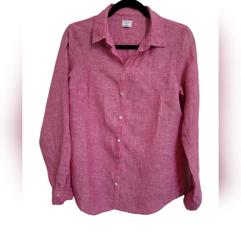 Sigrid Olsen Pink 100% Linen Button Down Roll Tab Sleeve Shirt Size Medium